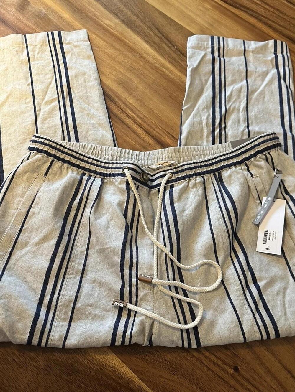 Soft Surroundings Vacation Beach Striped Linen Cotton Pants Cream/navy 1XL NWT - Picture 9 of 14
